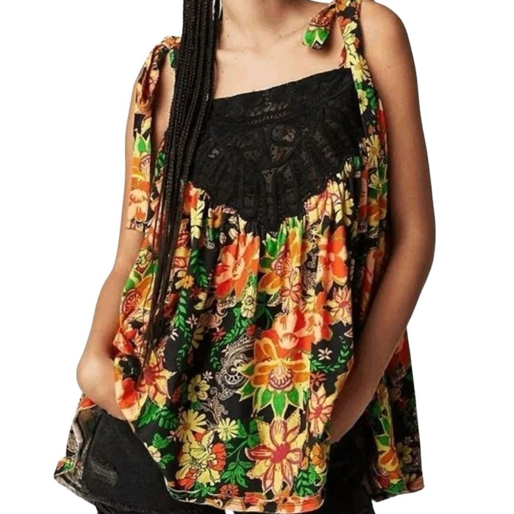 Free People Bali Moroccan Flowers Black Colorful Tie Strap Tank‎ Top XS
